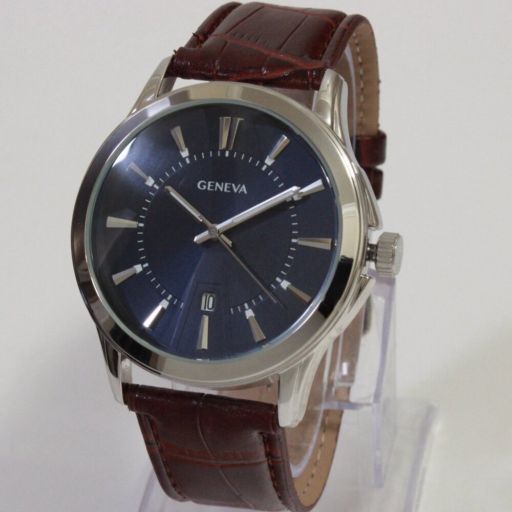 Geneva Men's Dress Watch Silver Tone Navy Blue Dial Brown Strap 42mm - Picture 4 of 13